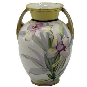 Vintage Nippon Double Handled Flower Vase Floral Hand Painted 6" Tall
